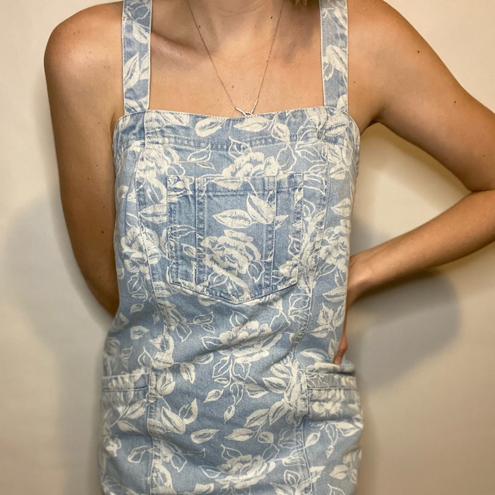 Denim floral overall dress with pockets